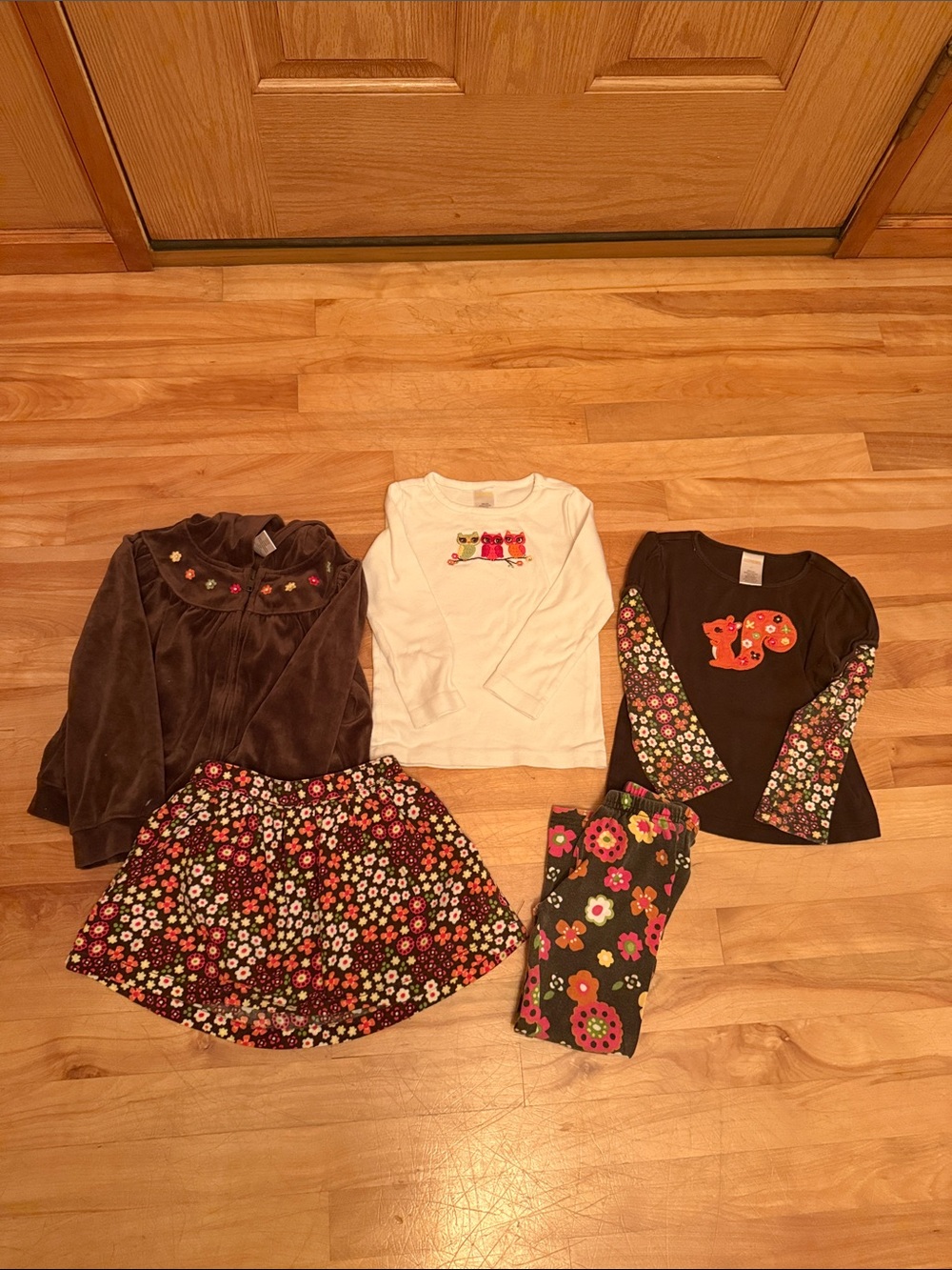 Gymboree Brown Hooded Jacket with Floral Skirt and White Tee